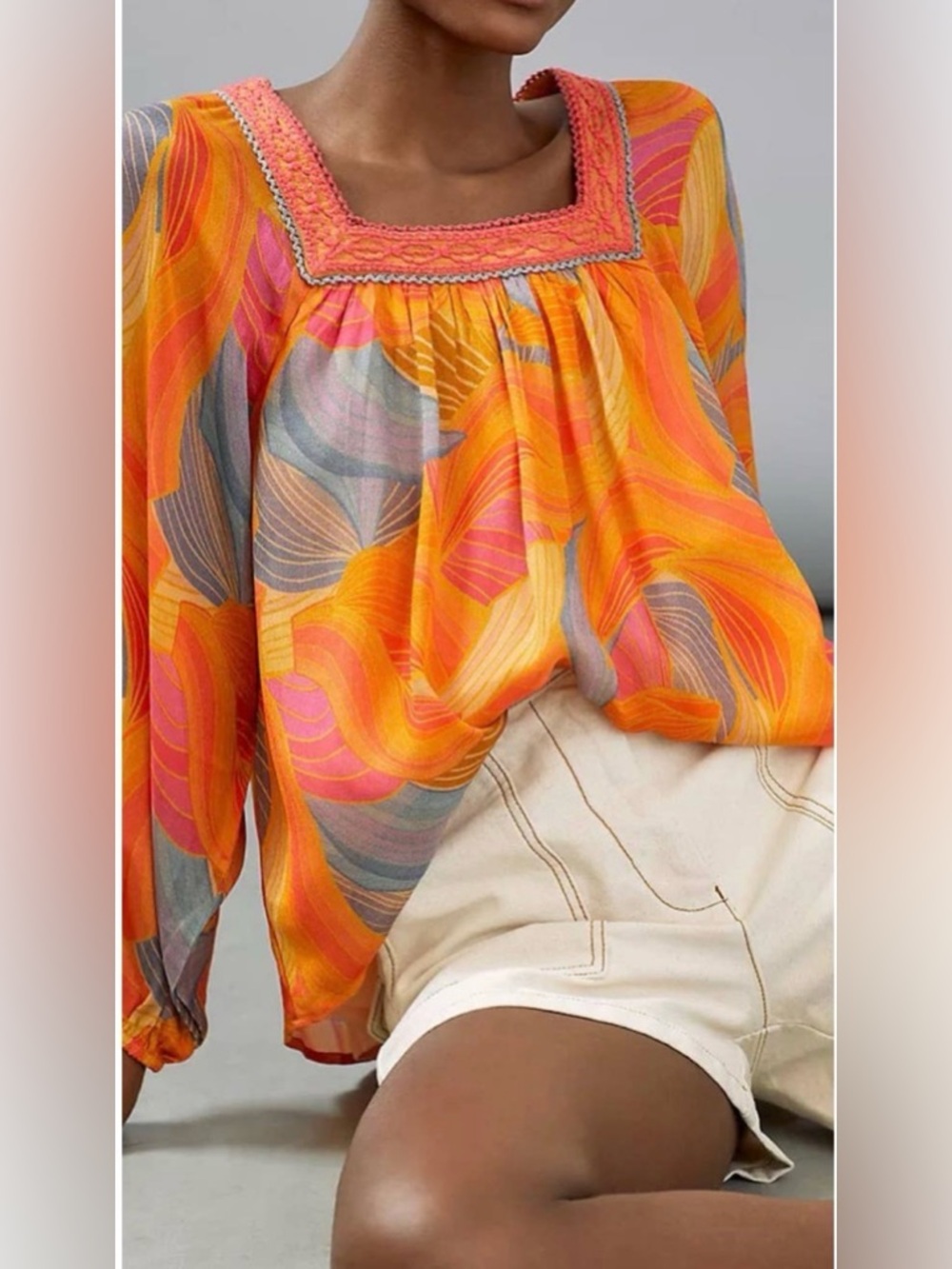 Bl^nk London Anthropologie Women's Tessa Orange Motif Size X-Small Puff Sleeve - Picture 1 of 9